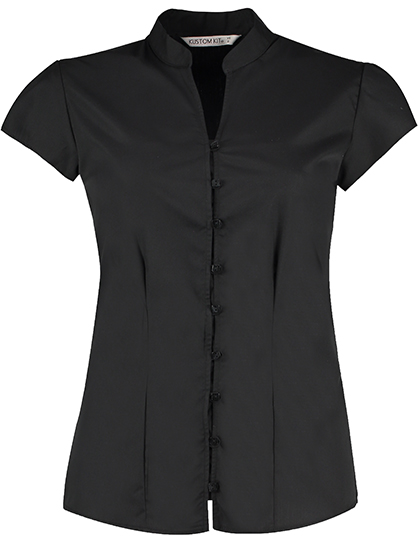 Tailored Fit Mandarin Collar Poplin Blouse Cap Sleeve — besticken oder bedrucken lassen