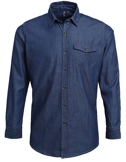 Premier Workwear Men's Jeans Stitch Denim Shirt in Indigo Denim (ca. Pantone 2767C)