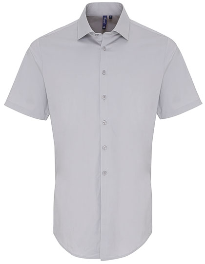 Premier Workwear Men's Stretch Fit Poplin Short Sleeve Cotton Shirt in Silver (ca. Pantone 428C)