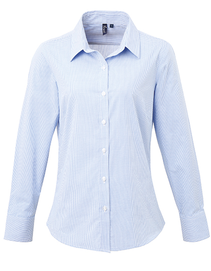 Premier Workwear Women's Microcheck (Gingham) Long Sleeve Cotton Shirt in Light Blue (ca. Pantone 7451C)