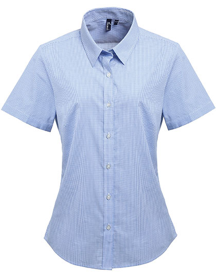 Premier Workwear Women's Microcheck (Gingham) Short Sleeve Cotton Shirt in Light Blue (ca. Pantone 2717C)
