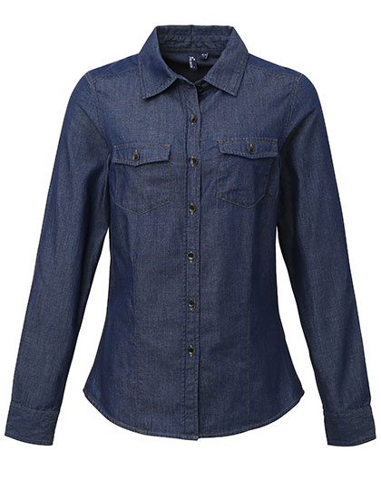 Premier Workwear Women's Jeans Stitch Denim Shirt in Indigo Denim (ca. Pantone 2767C)