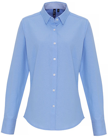 Premier Workwear Women's Cotton Rich Oxford Stripes Shirt in Oxford Blue (ca. Pantone 7453C)