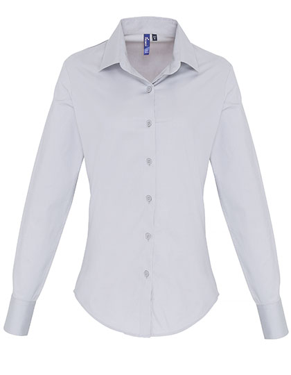 Premier Workwear Women's Stretch Fit Poplin Long Sleeve Cotton Shirt in Silver (ca. Pantone 428C)
